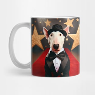 Happy bull terrier wearing tuxedo and hat in front of stars Mug